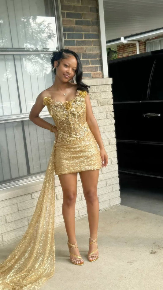 Gold Cocktail Dress Sweetheart Sheath Sequins Graduation Dress Tulle Beaded Party Dress ED07526