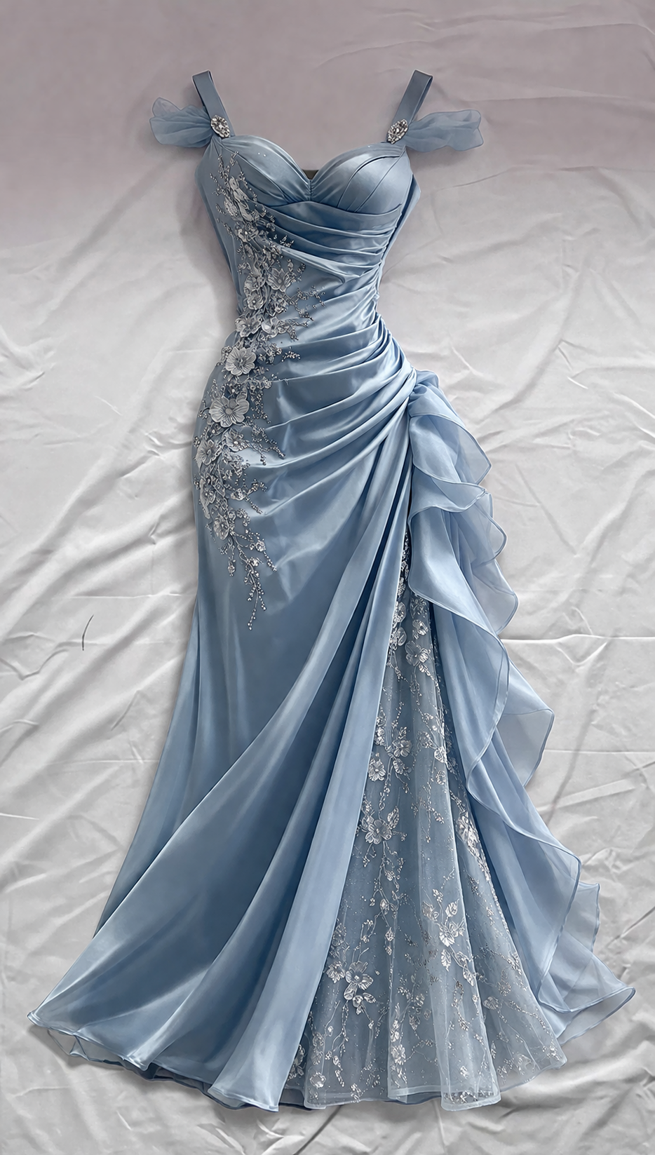 Blue Prom Dress Sheath Straps Satin Appliques Long Evening Dress ED07632