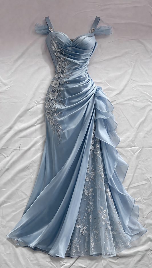 Blue Prom Dress Sheath Straps Satin Appliques Long Evening Dress ED07632