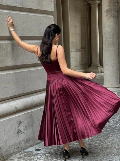 Stunning A Line Spaghetti Strap Pleated Dark Burgundy Satin Long Party Dress SH2921