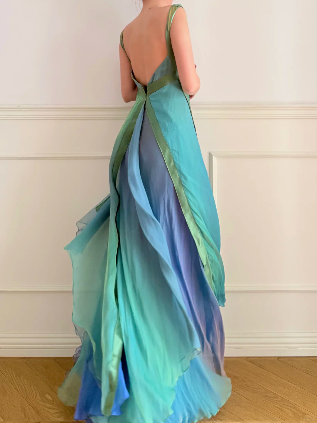 Vintage Dreamy A Line Blue Green Ombre Chiffon Prom Dress Wedding Guest Dress SH5438