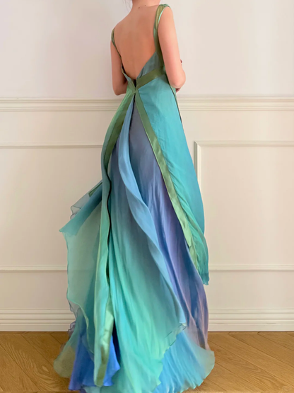 Vintage Dreamy A Line Blue Green Ombre Chiffon Prom Dress Wedding Guest Dress SH5438