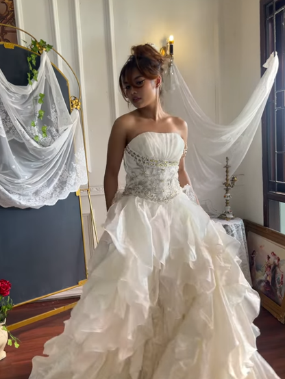 Stunning Vintage Ball Gown Strapless Exquisite Beaded Layered Organza Prom Dress SH5382