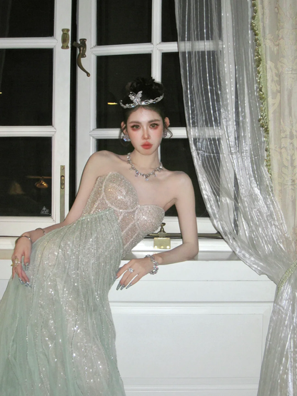 Stunning Green A Line Sweetheart Neck Corset Sequin Tulle Prom Dress Evening Dress SH4207