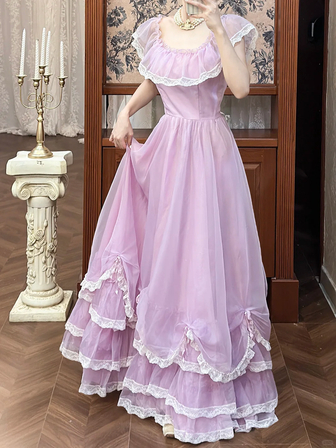 Vintage Lilac A Line Round Neck White Lace Chiffon Long Prom Dress Evening Dress SH5656