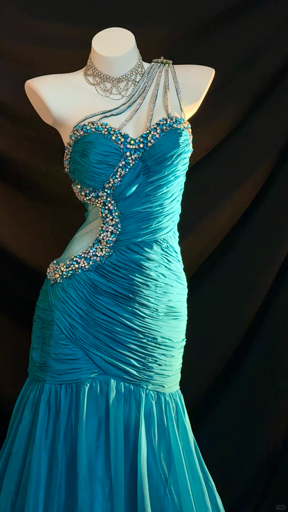 Vintage Blue A Line One Shoulder Beaded Chiffon Prom Dress Graduation Prom Dress SH5433