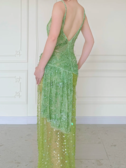 Summer Green A Line V Neck Shiny Beaded Slit Long Prom Dress Evening Dress SH5842