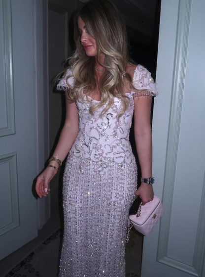 Stunning Light Pink Sheath Exquisite Beaded Satin Long Prom Dress Party Dress SH5319