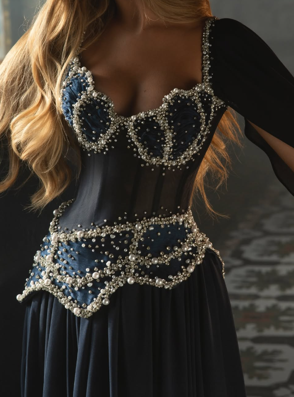 Stunning Navy Blue A Line Exquisite Pearl Beaded Chiffon Tulle Graduation Prom Dress SH5331