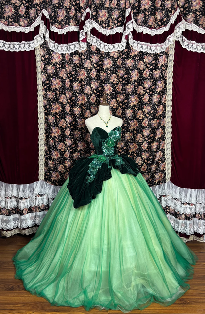 Vintage Green Ball Gown Beaded Velvet Tulle Prom Dress Sweet 16 Dress SH5794