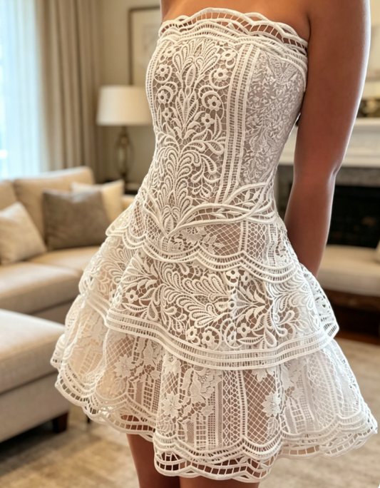 Sexy Strapless Birthday Dress A-Line Lace Homecoming Dress White Party Dress ES07250