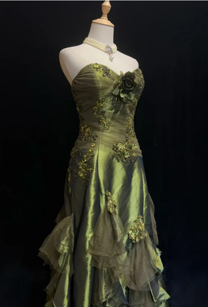 Vintage Green Mermaid Strapless Appliques Floral Satin Long Prom Dress SH5424