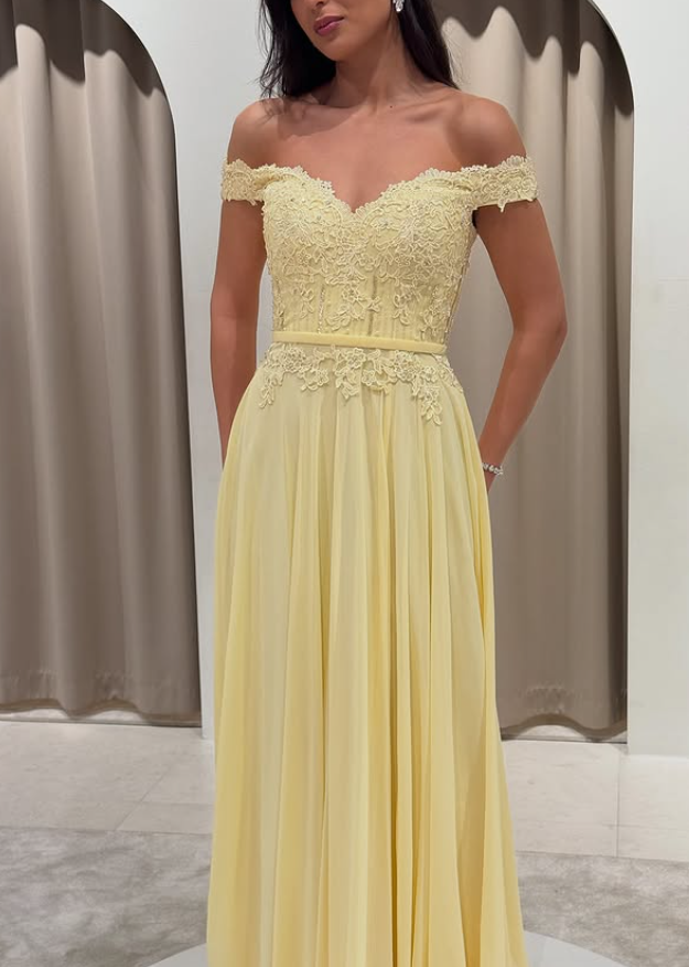 Summer Light Yellow A Line Lace Chiffon Long Prom Dress Party Evening Dress SH5706