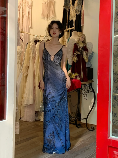 Vintage Blue Sheath Spaghetti Strap Exquisite Beaded Chiffon Prom Dress 22th Birthday Dress SH4406