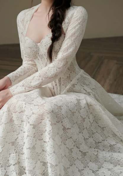 Sweety A Line Spaghetti Straps Long Sleeve White Lace Long Prom Dress SH5296