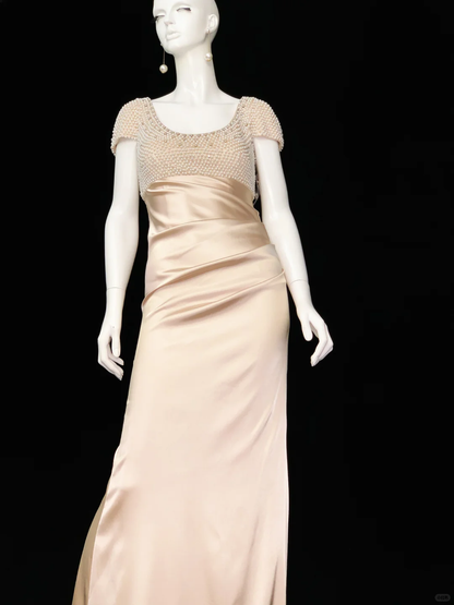 Vintage Champagne A Line Exquisite Pearls Satin Prom Dress Evening Dress SH5132