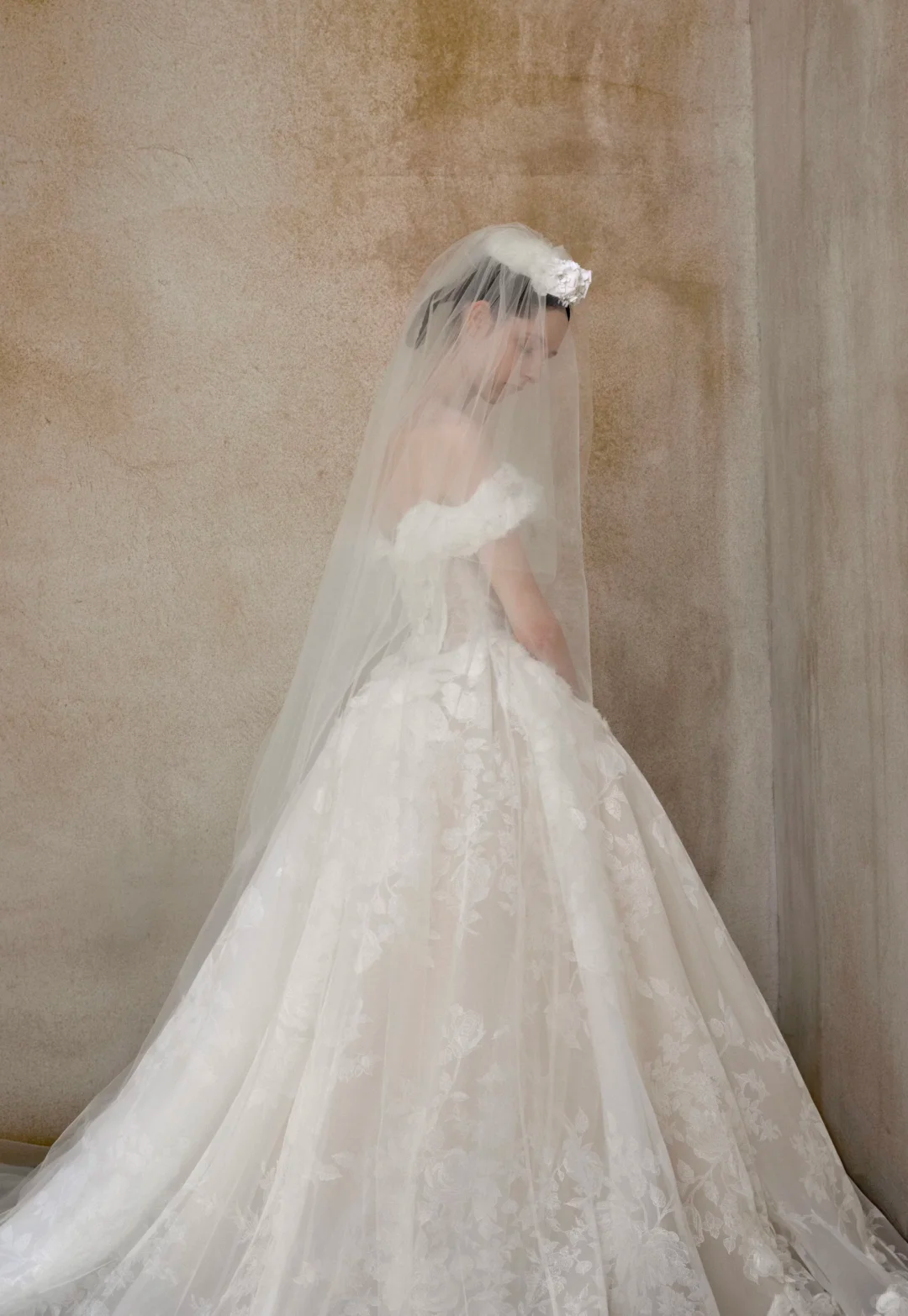 Sweety Ball Gown Off the Shoulder White 3D Floral Tulle Wedding Dress SH5076