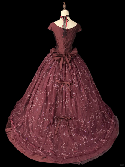 Vintage Burgundy A Line Sequin Satin Tulle Prom Dress Evening Dress SH5603