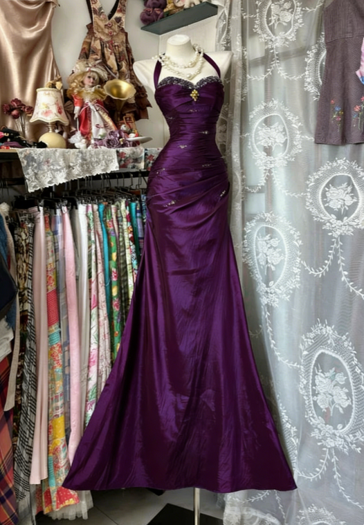 Vintage Halter Mermaid Long Prom Dresses Beaded Royal Blue Satin Birthday Dresses SH5041