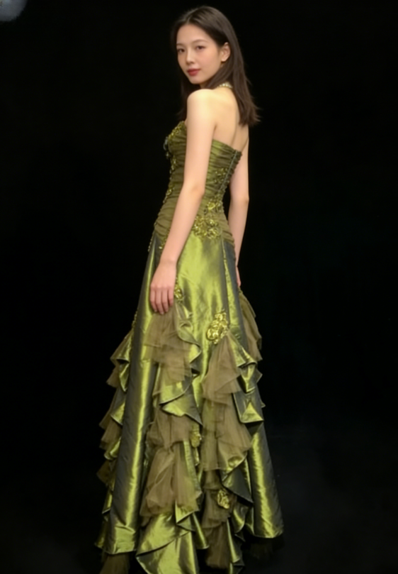 Vintage Green Mermaid Strapless Appliques Floral Satin Long Prom Dress SH5424