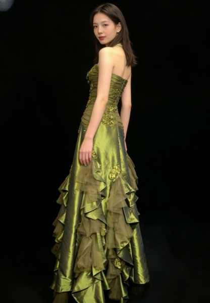 Vintage Green Mermaid Strapless Appliques Floral Satin Long Prom Dress SH5424