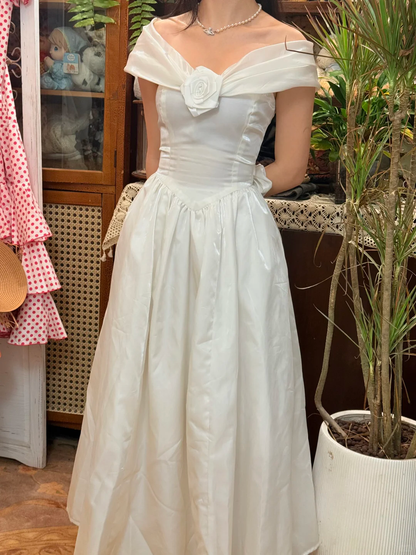 Vintage A Line V Neck Simple White Satin Prom Dress Date Dress SH5560