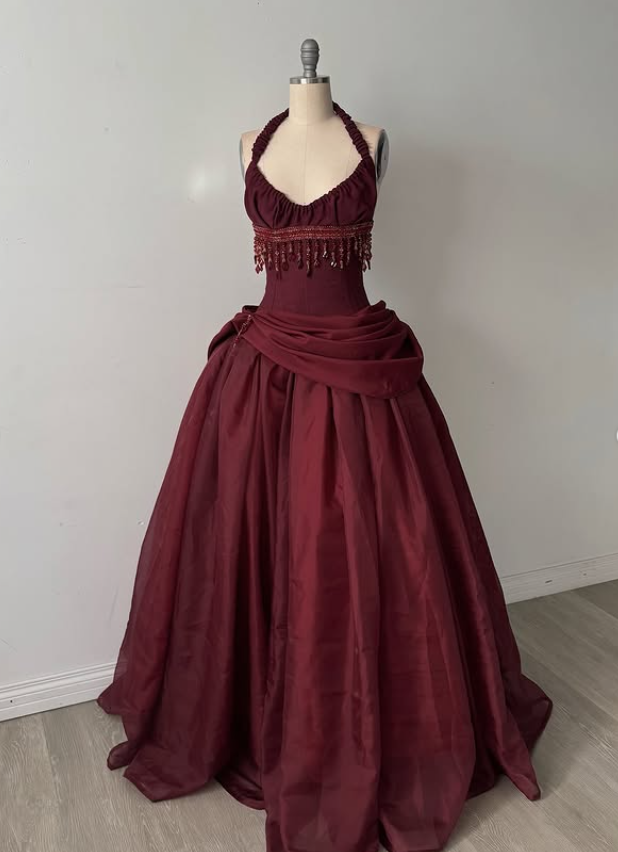 Vintage Burgundy Halter Beaded Satin Long Prom Dress Party Dress SH5531