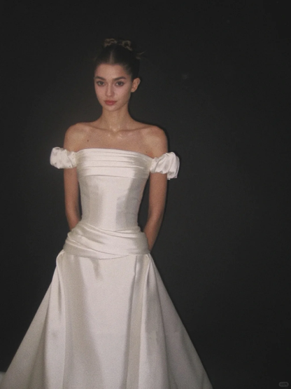 Sweety White Ball Gown Off the Shoulder Satin Long Wedding Dress SH5155