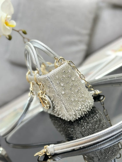 Dior LAdy D-Joy Silver-Tone Satin with Gradient Bead Embroidery - 16 x 9 x 5 cm