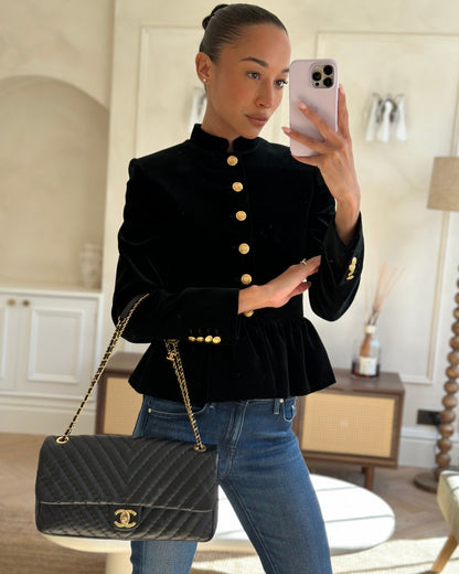 Chanel Black Large Single Flap Bag in Chevron Lambskin Leather with Gold Hardware and CC Medallion Detail