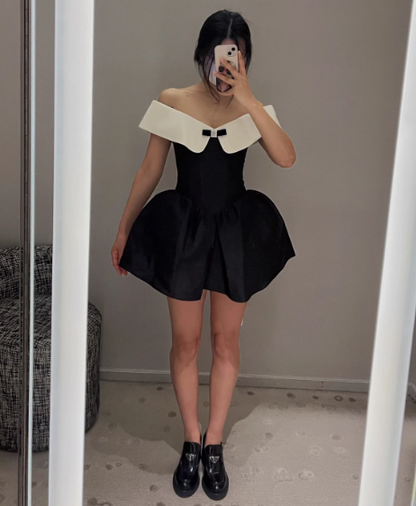 Stunning A Line Off the Shoulder White Black Satin Short Homecoming Dress Birthday Dress SH3026