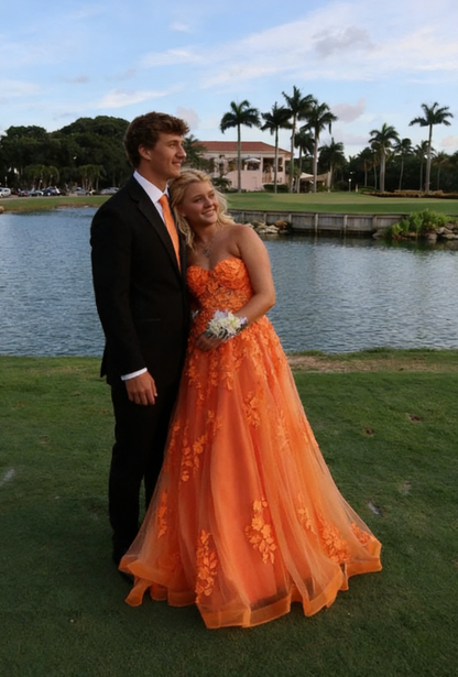 Strapless Tulle Appliques Long Evening Dress Orange Prom Dress SH965