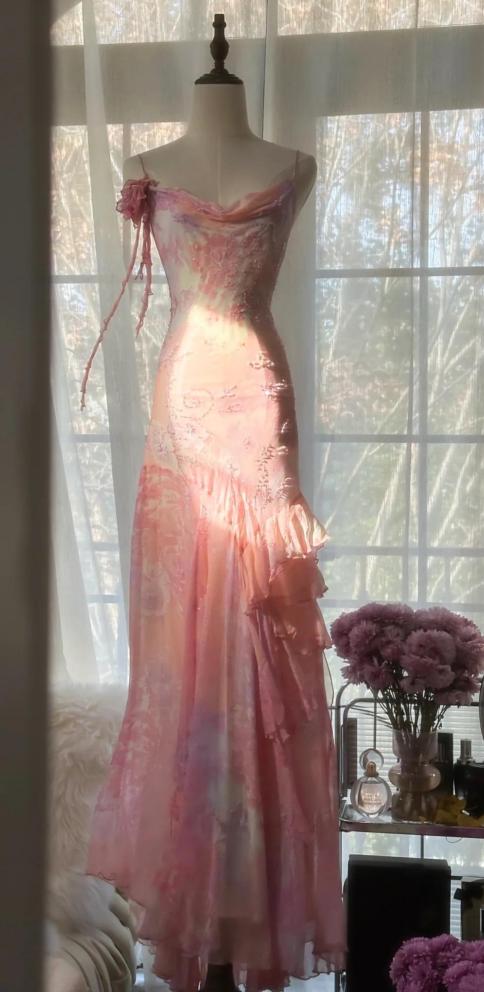 Vintage Pink Floral A-line Spaghetti Strap Irregular Hem Evening Dress Prom Dresses, D1431