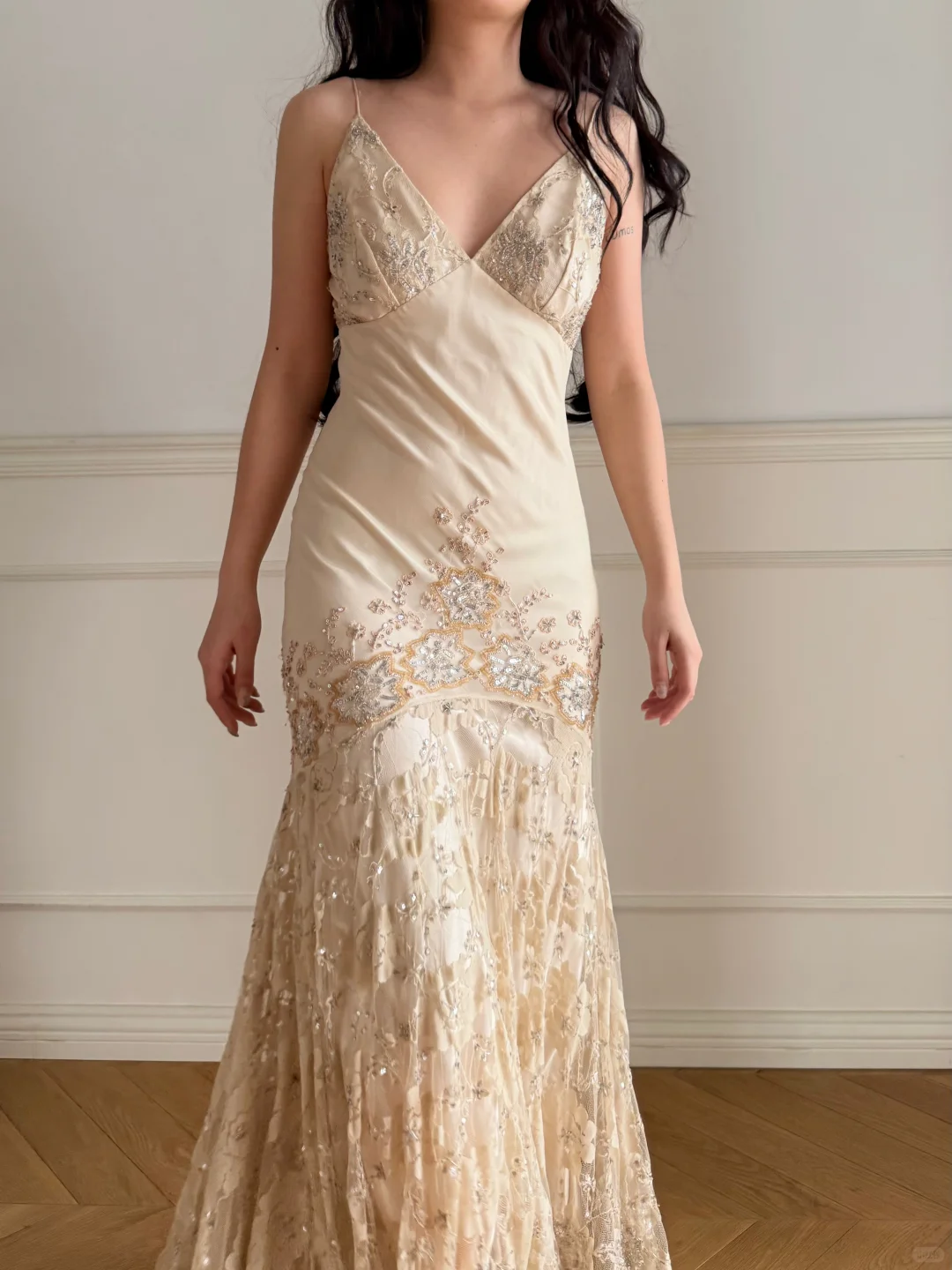 Vintage Apricot Mermaid Straps Beaded Lace Satin Long Prom Dress Wedding Guest Dress SH5505