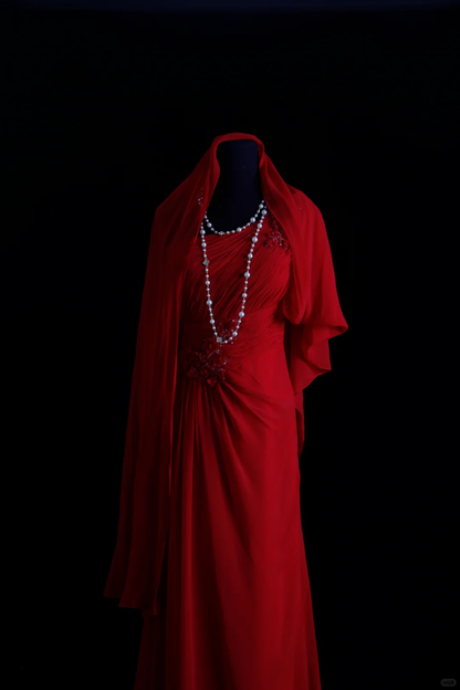 Vintage A Line One Shoulder Appliques Red Chiffon Prom Dress Wedding Guest Dress SH5335