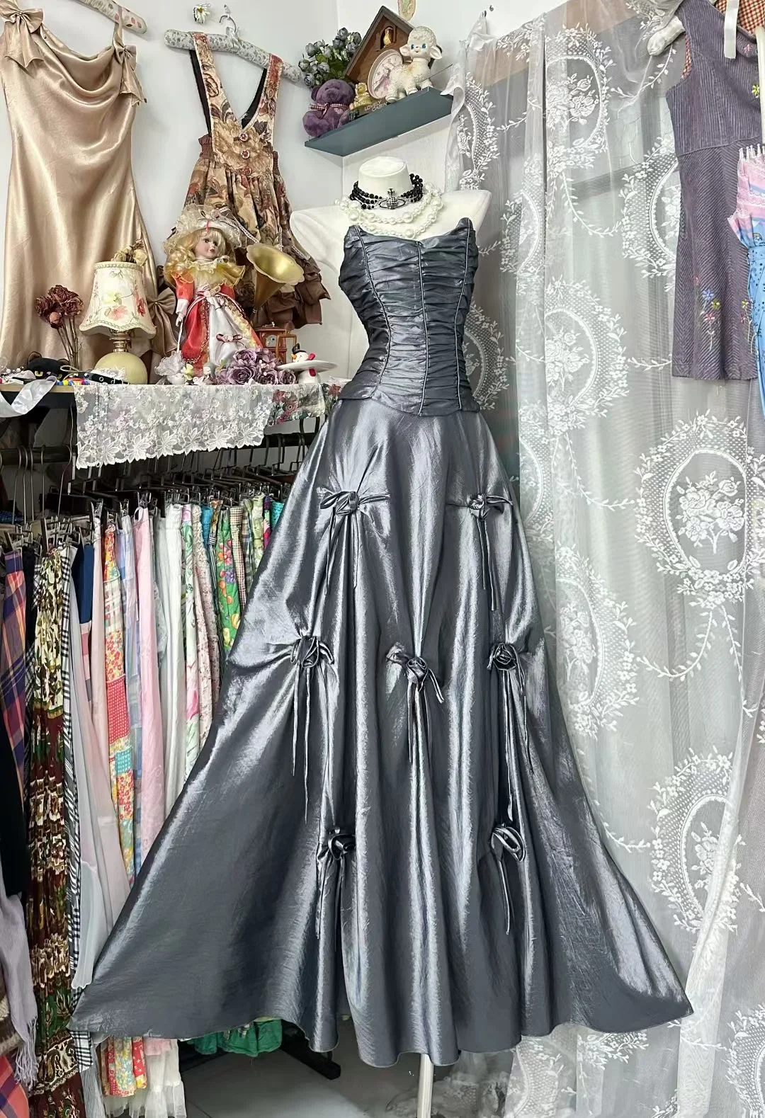 Stunning Grey A Line Strapless Floral Pleated Satin Prom Dress Evening Dress SH5625