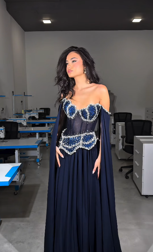 Stunning Navy Blue A Line Exquisite Pearl Beaded Chiffon Tulle Graduation Prom Dress SH5331