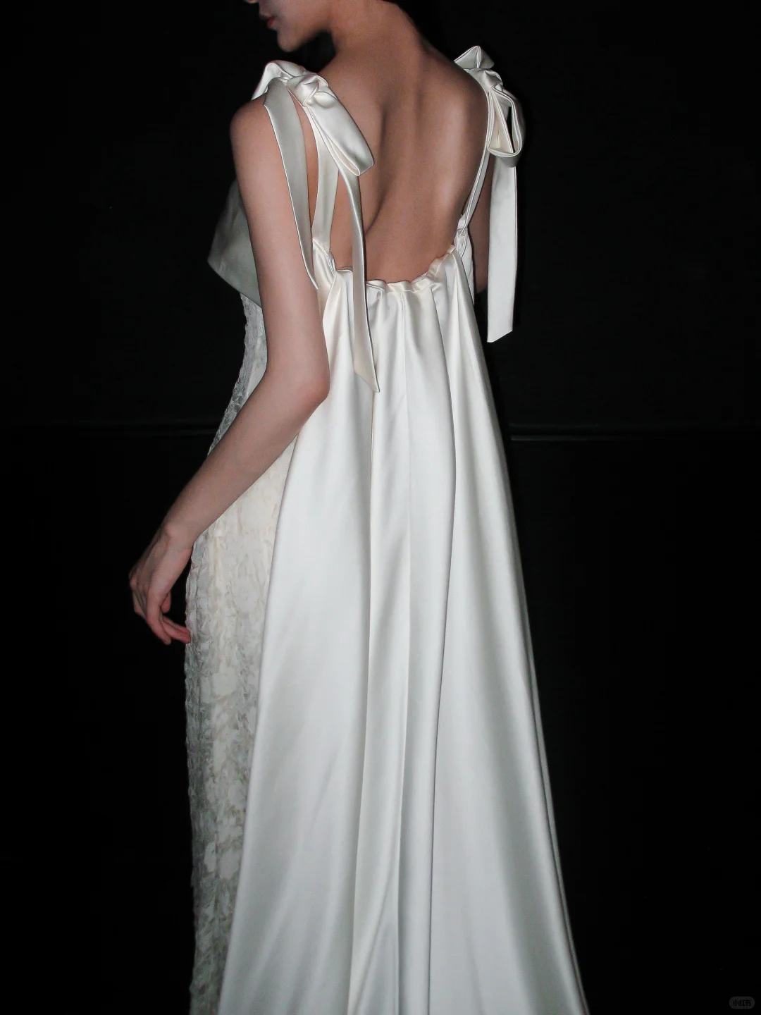 Sweety Bow A Line Straps White Lace Satin Long Wedding Dress SH5975