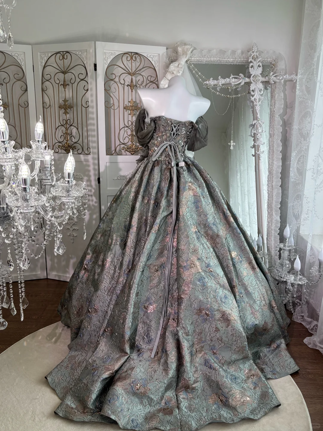 Vintage Grey Print Floral Ball Gown Beaded Satin Tulle Prom Dress Sweet 16 Dress SH5986