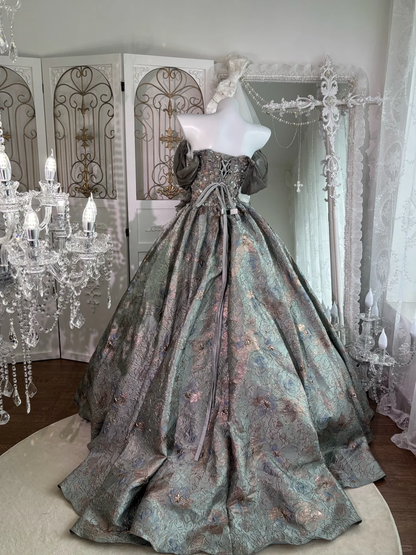 Vintage Grey Print Floral Ball Gown Beaded Satin Tulle Prom Dress Sweet 16 Dress SH5986