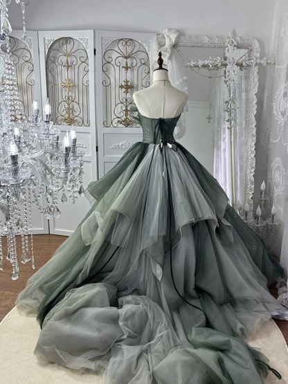 Vintage Grey-Green Ball Gown Strapless Sequin Tulle Prom Dress Sweet 16 Dress SH5787