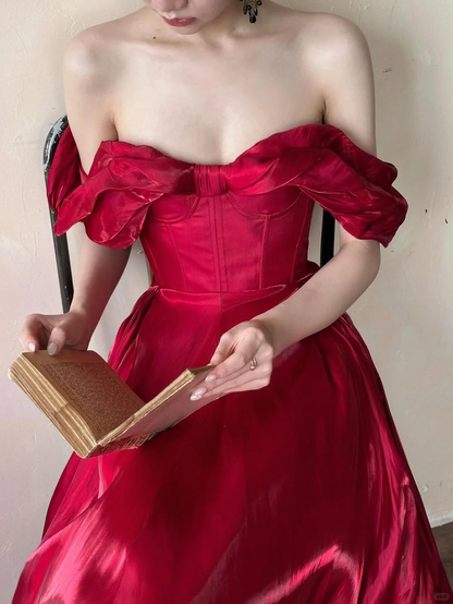 Stunning Burgundy A Line Off the Shoulder Satin Long Prom Dress Party Dress Outfits SH4964