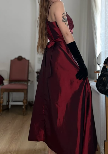Vintage A Line Straps Appliques Burgundy Satin Prom Dress Evening Dress SH6072