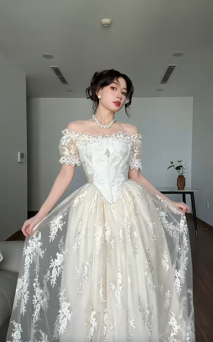 Vintage Ivory A Line Off the Shoulder Lace Satin Tulle Prom Dress Wedding Dress SH4471