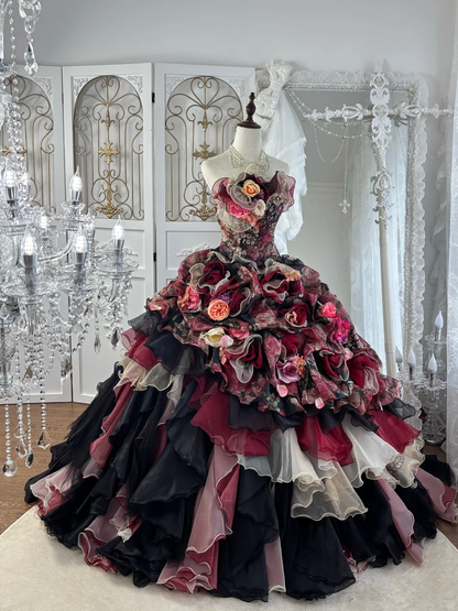 Vintage Black-Red Ball Gown Strapless 3D Floral Layered Organza Prom Dress Sweet 16 Dress SH5784