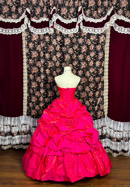 Vintage Hot Pink Ball Gown Strapless Pleated Satin Prom Dress Sweet 16 Dress SH5798