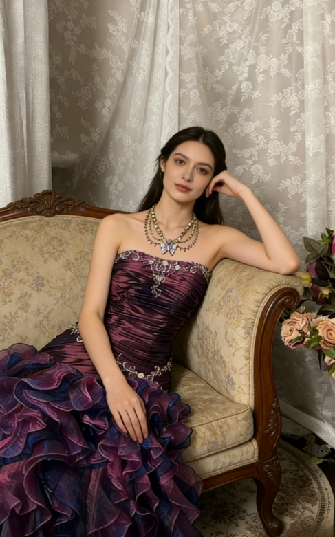 Vintage Grape A Line Strapless Appliques Ruffle Organza Long Prom Dress SH5425
