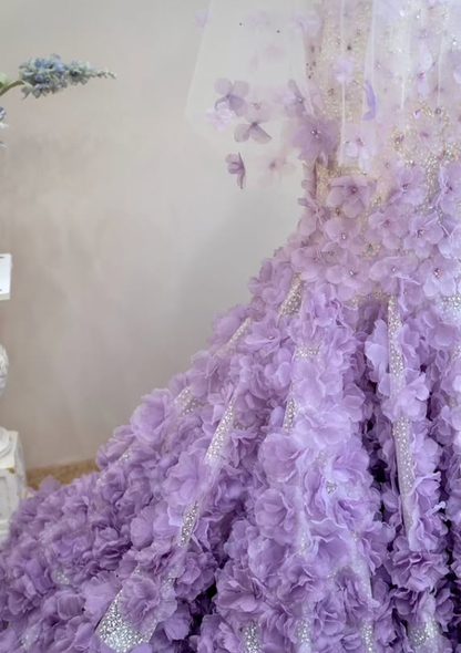 Stunning Mermaid Strapless Beaded Purple Ombre Floral Tulle Long Prom Dress SH5039