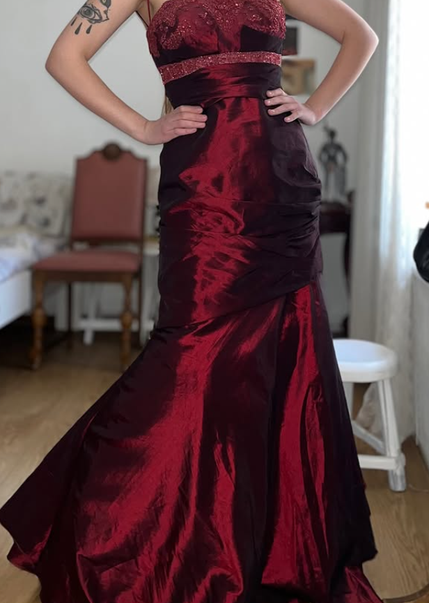 Vintage Burgundy Mermaid Strapless Beaded Satin Prom Dress Evening Dress Date Dress SH5639
