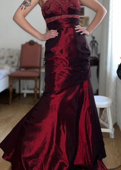 Vintage Burgundy Mermaid Strapless Beaded Satin Prom Dress Evening Dress Date Dress SH5639